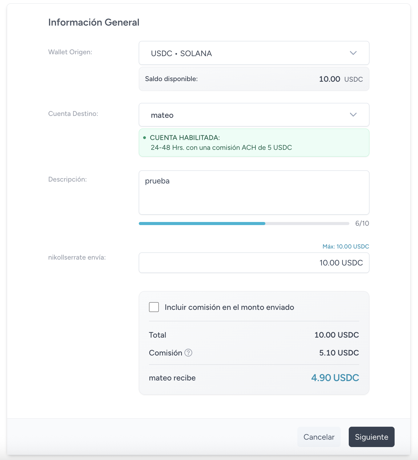 Crear — Datos de la transferencia